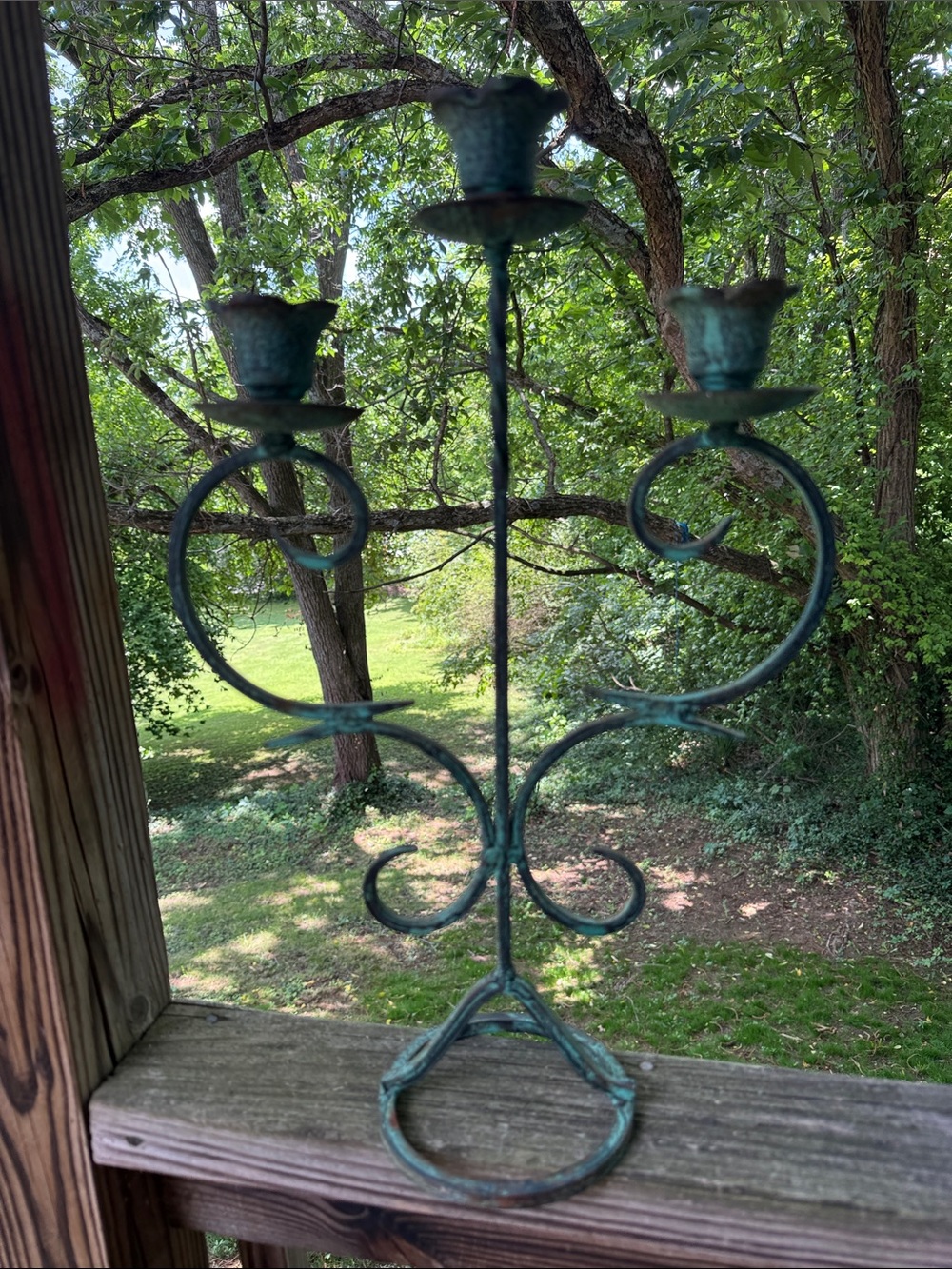 New 18” x 11” Verdigris Wrought Iron  3- Arm Candelabra never used